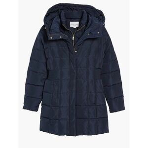 Cole Haan Womens L Hooded‎ Down & Feathered Jacket Parka Navy Baffle Box Quilted